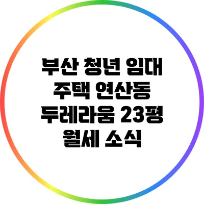 부산 청년 임대 주택: 연산동 두레라움 23평 월세 소식