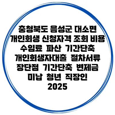 충청북도 음성군 대소면 개인회생 신청자격 조회 비용 수임료 | 파산 | 기간단축 | 개인회생자대출 | 절차서류 | 장단점 | 기간단축 | 변제금 미납 | 청년 | 직장인 2025